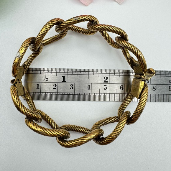 Vintage Etched Rope Cable Link Hinge Bangle Bracelet Gold Tone Plated - Picture 14 of 17